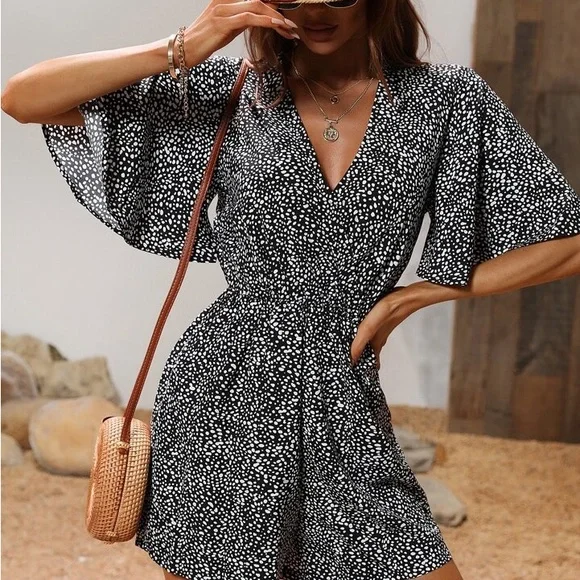 SHEIN Black and White Butterfly Sleeve Polka Dot Romper - Picture 4 of 11